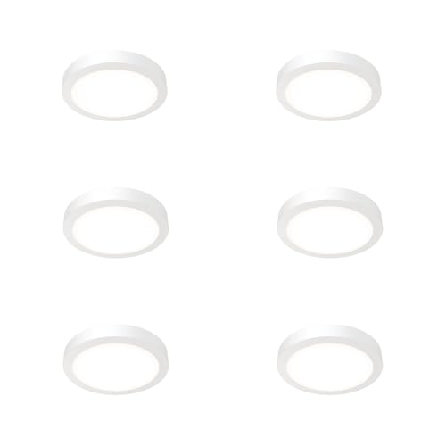 Image of Juno Slim Basics 6 Inch LED Ceiling Light, Low Profile Surface Mount Downlight for Shower or Closet Lighting, 3000K /4000K /5000K Selectable White Light, Edged Trim, Wet Rated, Matte White, 6 Pack