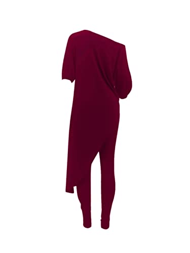 Glienst Two Piece Pants Outfits For Women Crew Neck Long Blouse Top And Legging Pant Casual Tracksuit Sweatsuit Wine Red S #TOP4