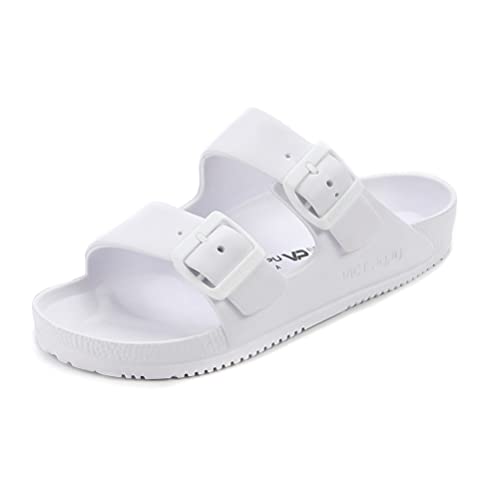 VICT POPU Womens Sandals Adjustable Double Buckle Strap Waterproof EVA Flat Slides