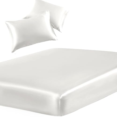 Image of SiinvdaBZX 3-Piece Set Satin Full Fitted Sheet & 2 Pillowcase, Ivory White Silky Soft Fitted Bottom Sheet, Wrinkle Free, Fade Resistant, Deep Pocket Bed Sheet (Deep Up to 15 inch)
