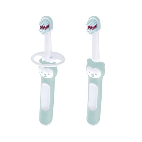 MAM Baby'S Brush Spazzolino Denti Neonato In Set Da 2, Spazzolini Per Neonati Con Anello Di Sicurezza, Impugnatura Corta Specifica Per Denti Da Latte, 6+ Mesi, Azzurro, Blue, 2 Unità,