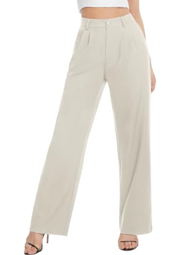 Tapata Damen Hose Weites Bein Lang Mit Taschen Vintage Baggy Freizeit Button Down, Beige, 4