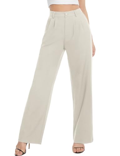 Tapata Women Wide Leg Pants High Waisted Dress Trousers Casual Elastic Pockets Business Work Slacks, Beige, 0