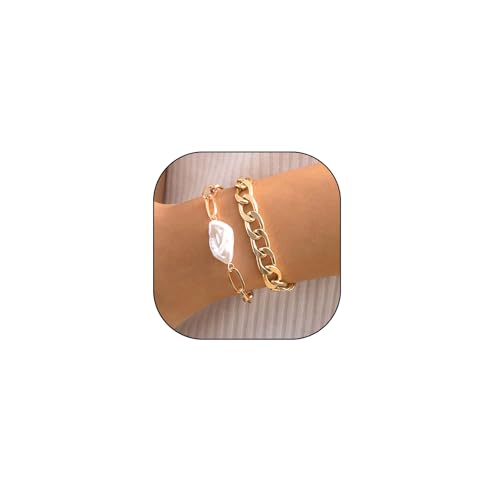 FUTIMELY Baroque Pearl Chain Bracelet Set for Women Chunky Adjustable Gold Paperclip Link Statement Bangles Personality Cuban Chain Bracelet Charm Jewelry Gift