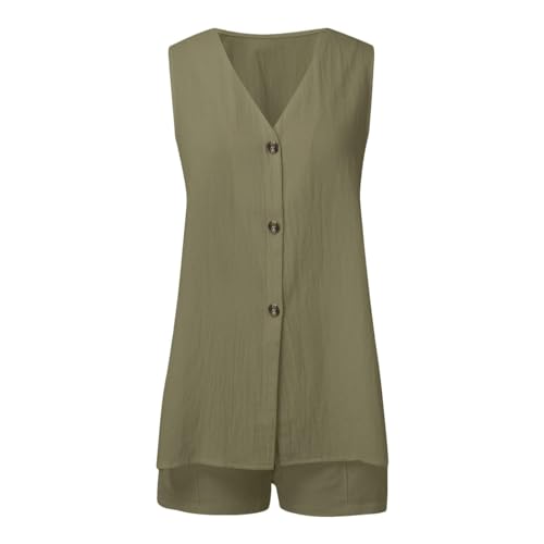 Cotton Sets for Women 2 Piece Side Button Down Tank Top V Neck Waistcoat Baggy Shorts with Pockets Summer Outfits3