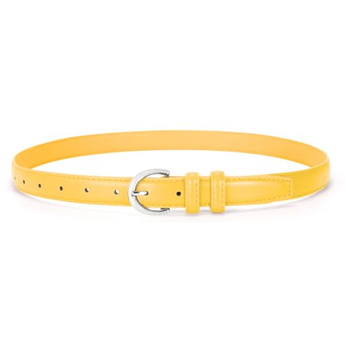 SANSTHS Women Leather Belt for Jeans Pants Fashion Ladies Skinny Belt for Dresses Thin Belt with Single Prong Buckle Yellow S