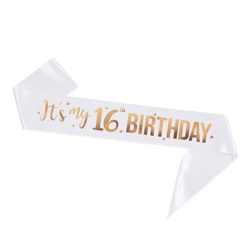 It's My 16th Birthday Sash - 16th Birthday Gifts Girl Sash Birthday Party Favors - Happy 16th Accessories for Man and Women - White with Rose Gold Foil Lettering