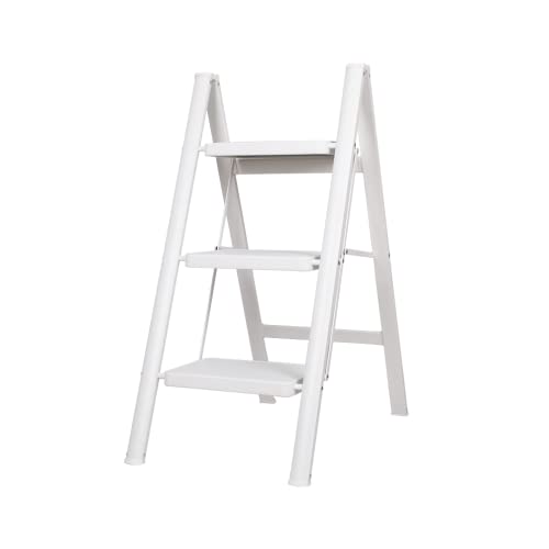 BAOYOUNI Scaletta Pieghevole Leggera e Portatile Scala Domestica 20 cm Pedale Largo Sgabello Antiscivolo Multiuso per Casa Cucina Ufficio Esterno, Portata massima 150 kg (3 Gradini, Bianco)