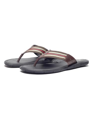 Image of Gabicci Mens Thong Slipper, Slip On Entry, (Size 40-45), Top Grain Leather, Casual Lounging Slipper, TPR Sole, Flat Heel, Sandy Trim Toe Post