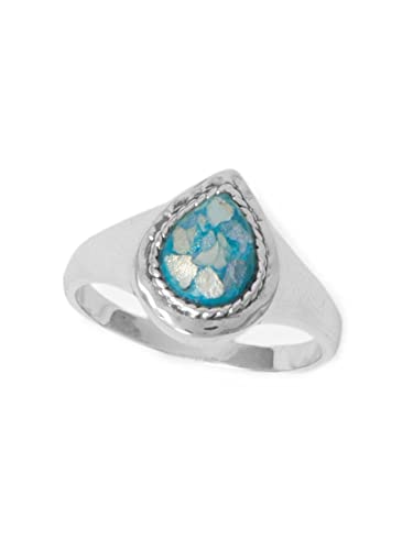 Azurebella Jewelry Ancient Roman Glass Ring Pear-Shape Rope Edge Sterling Silver Hammered (6) #TOP9