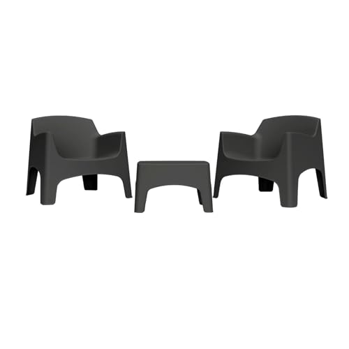 Composizione Ottimale: Include 2 poltrone impilabili (79x74x70 cm) e 1 tavolino (58x38x35 cm) per un relax confortevole.