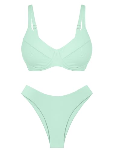 ZAFUL Women's Ribbed Underwire Bikini Set High Cut Colorblock V Notch Swimwear Printed High Leg Swimsuit