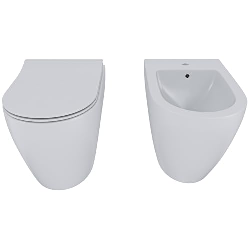 Coppia Sanitari Filomuro Vaso WC E Bidet In Ceramica Filo Muro Filo Parete Design Moderno Con Copriwater Chiusura Soft Close Chiusura Rallentata (Bianco Opaco)