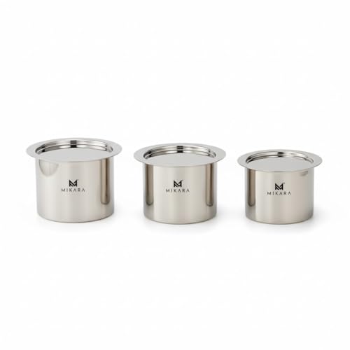 Image of MIKARA Stainless Steel Induction-Friendly Flat Bottom Tope Set, Mirror Finish, 525ml, 650ml & 750ml, Included Components: 3 Stainless Steel Topes