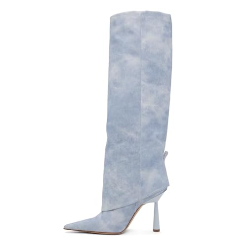 Image of Goolita Fold Over Boots For Women, Pointed Toe Stiletto Heel Knee High Boots Fashion Comfortable Slip On Tall Boots