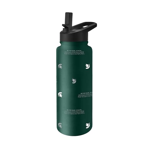 Image of Logo Brands NCAA Michigan State Spartans Step & Repeat 34 oz Stainless Steel Quencher Bottle - All Over Logo Design, No-Spill Lid, Easy Carry Handle - Keeps Drinks Cold For Hours