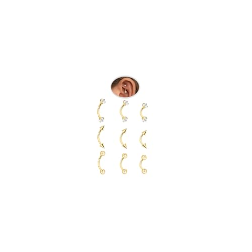 9PCS Gold Eyebrow Piercing Jewelry Titanium, Rook Jewelry Gold Surgical Steel Silver Eyebrow Rings for Women Men CZ Tiny Labret Lip Daith Navel Belly Button Helix Tragus Piercing Jewelry 16G 6mm/8mm/10mm