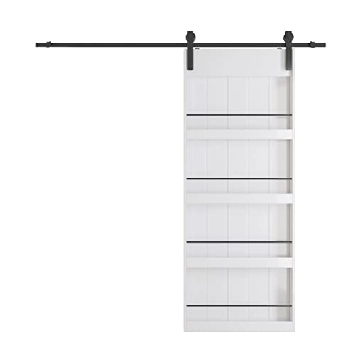 Barner Home 36In X 84In Sliding Barn Door, Shelf Style, Made Of Primed Mdf, With 6.6 Ft Hardware, Handle And Floor Guide #TOP2