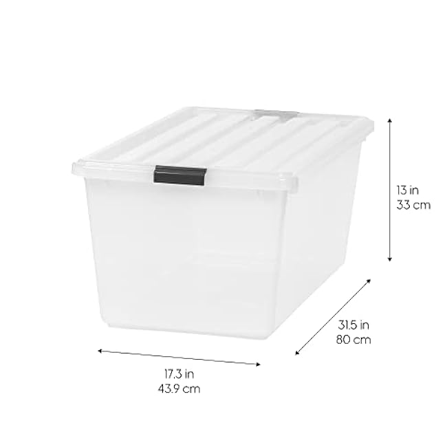 IRIS USA 91 Qt Stackable Plastic Storage Bins with Lids, 4 Pack - BPA-Free, See-Through Organizing Solution, Latches, Durable Nestable Containers, Secure Pull Handle, Made in USA - Clear