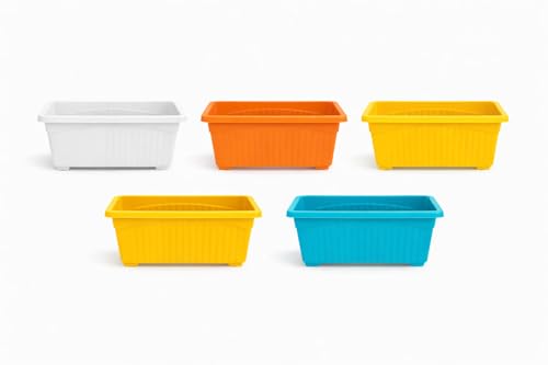 Image of Bianco Rectangular Plastic Pots for Plants, Jupiter Flower Pots for Home, Window Display, Garden (35 x 18.5 x 15 cm) (Multicolor) (Pack of 5)