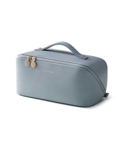 Image of EACHY Travel Makeup Bag, Large Capacity Cosmetic Bag for Women, Waterproof PU Leather, Flat Open Portable Toiletry Bag for Skincare, Brushes & Travel Essentials