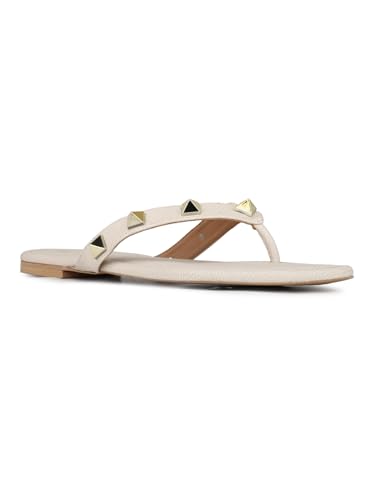 Image of Inc.5 Womens Cream Striped T-Strap Casual Flats Sandals Heeled