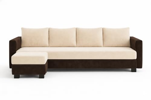 Image of SOCOZI Braven 5 Seater L Shape Sofa Set with Movable Ottoman | Flexible Layout | Soft Velvet Suede Fabric | Modern Design | Plush Comfort Cushions for Living Room (Dark Brown-Cream)