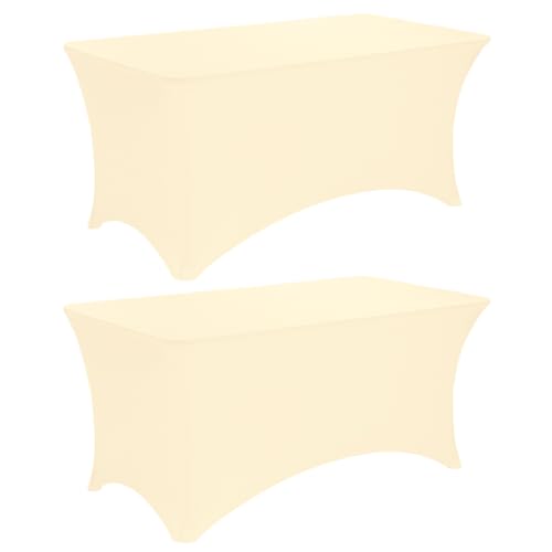 Image of 2 Pack 6FT Spandex Table Covers Washable Wrinkle Resistant Fitted Rectangle Tablecloth for Folding Table Wedding Party Birthday Banquet Bar Events(Beige)