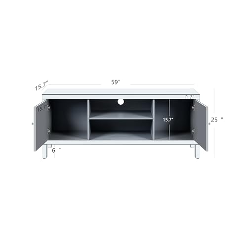 Goujxcy Mirrored TV Stand for 65+ inch TV,Sliver TV Console Table with Open Storage & 2 Storage Cabinets,Diamond Shape Mirror Doors for Living Room (B)