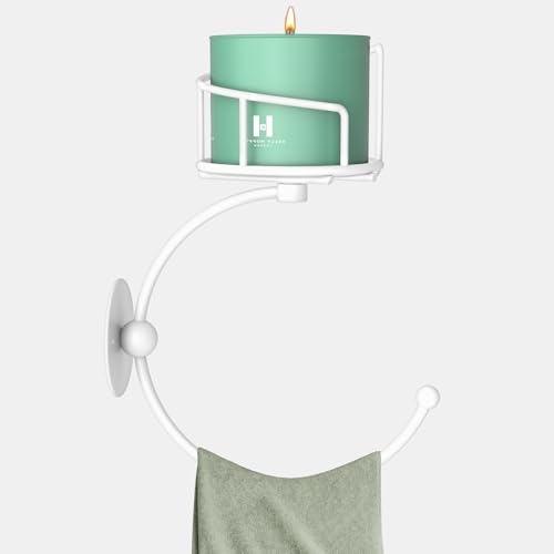 Simple Hand Towel Holder with Candle Holder for Wall, Metal Towel Hook for Bathroom Wall, Rustic Towel Ring, Sturdy Wall Mounted Hanger for Bathroom, Kitchen, Entryway (White)