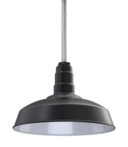 Image of Steel Lighting Co. Carson Barn Light | Ceiling Mounted Pendant | 16 inch Dome | 12 inch Sloped Stem | Industrial Style Steel Light Made in America | Matte Black Exterior /White Interior