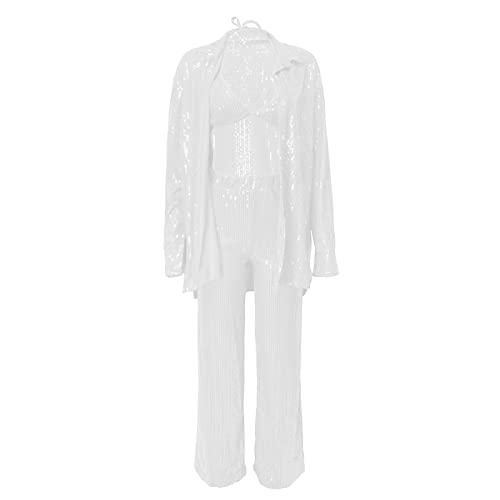 Conjunto de macacão feminino de manga comprida com lantejoulas e pernas largas, três peças, sexy par