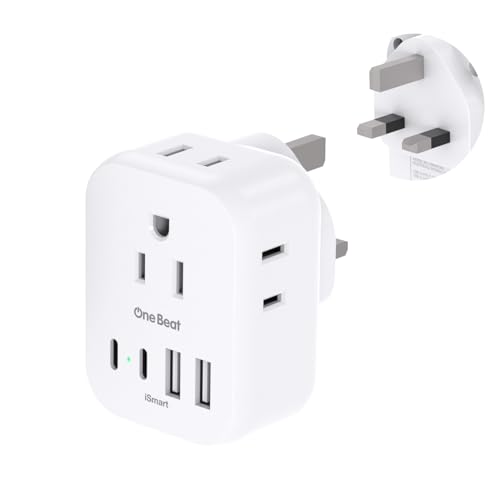 One Beat PD 20W US to UK Ireland Travel Plug Adapter, Type G Power Adapter with 4 AC Outlets 4 USB Ports (2 USB C), Travel Essentials for USA to Dubai Scotland British London England Hong Kong Irish