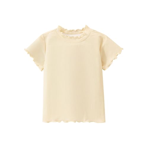 Girl's Ribbed T-Shirt Cute Ruffle Trim Kids Summer Short Sleeve Tops Crewneck Tees for 1-9 Years