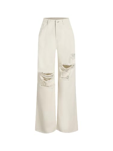 CIDER Women’s Ripped Jeans High Waisted Distressed Baggy Straight Wide Leg Pants: Ivory, M