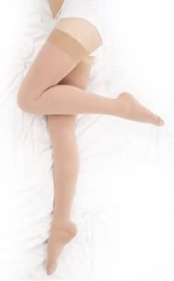 BriteLeafs Opaque Thigh High Compression Stockings Firm Support 20-30 mmHg, Stay-Up Lace Top, Silicone Band, Profssional Grade Graduated Compression - Beige, Large, Closed Toe