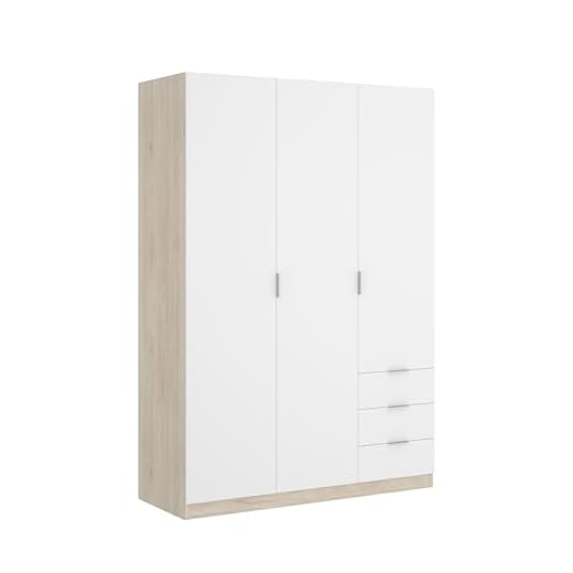 DEKIT GRUPO RIMOBEL Armario ropero de 3 Puertas y 3 cajones, Gran Capacidad, Natural/Blanco, 121x184x52 cm