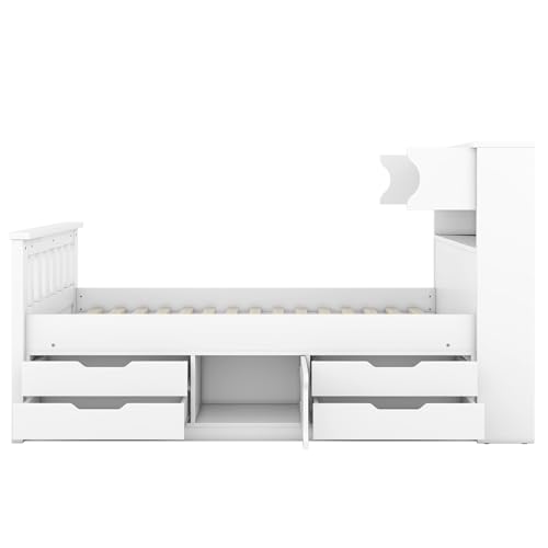 Twin-Size-Captains-Platform-Bed-with-Bookcases-HeadboardFootboardSleigh-Bed-Frame-Underneath-Storage-Drawers-and-CabinetNo-Box-Spring-NeededWhite Twin Size Captains Platform Bed with Bookcases HeadboardFootboardSleigh Bed Frame Underneath Storage Drawers and CabinetNo Box Spring NeededWhite