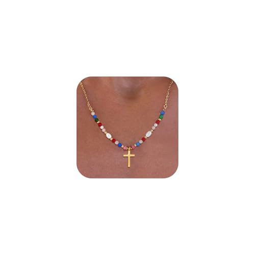 Fezodo Colorful Cross Necklace for Women - 14K Gold Plated Dainty Beaded Cross Necklaces for Women Boho Gold Jewelry Birthday Gifts