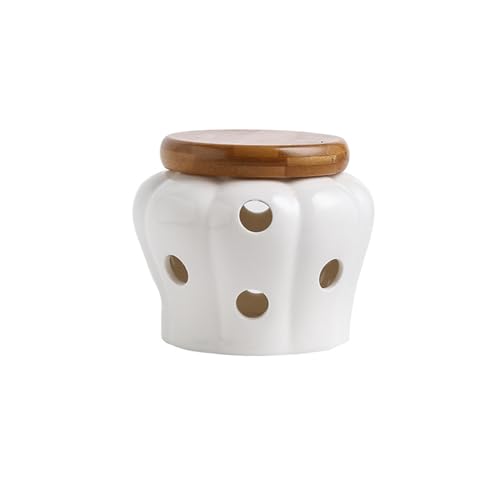 Tarro de Cerámica Blanca para Almacenamiento de Ajos y Jengibre con Tapa - Exquisito Diseño Hueco - Vela para el Hogar