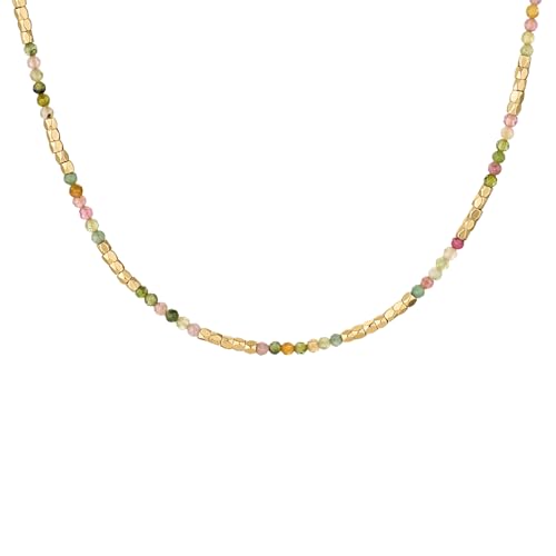 MYEARS Women Beaded Choker Necklace Gemstone 14K Gold Plated Simple Dainty Handmade Chain Everyday Trendy Jewelry - Tourmaline