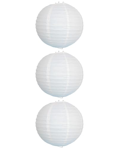 MYGLOAR Lot de 3 lanternes rondes blanches en papier pour abat-jour, Abat-jour rond nervuré en papier de bambou Blanc, tenture Mariage Plafond,Pompons Boules de de...