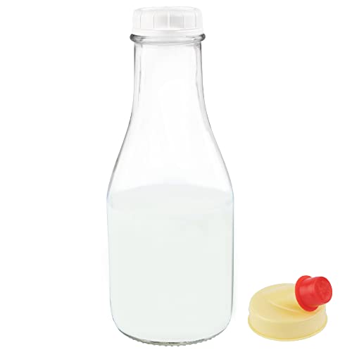 Image of kitchentoolz 32 Oz Round Glass Milk Bottle with Lids, Perfect Milk Container for Refrigerator 32 Ounce Round Glass Milk Carafe with Lid and Pour Spout -Made in USA Pack of 1