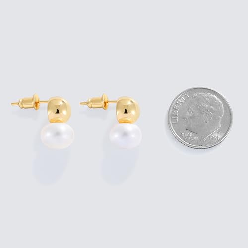 Fiusem Pearl Earrings for Women 14K Gold Plated, 925 Sterling Silver Post Hypoallergenic Big Pearl Stud Ear Jacket Wedding Earring Jewelry3