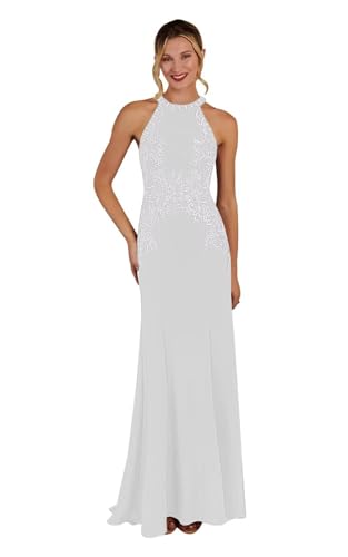 HUINI Damen Brautmutterkleider für Hochzeit Bodenlänge Kleid Hochzeitsgast Damen Chiffon Meerjungfrau Neckholder-Spitzenkleid aus Stretch-Crêpe...