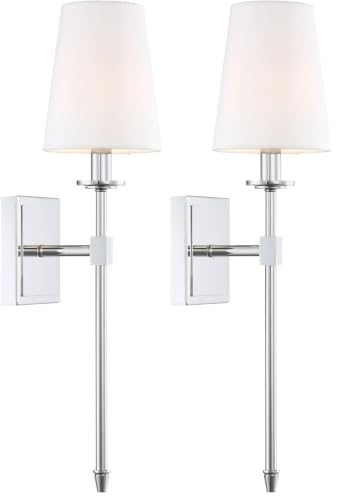 Image of Kira Home Torche 20 inch Mid Century Modern Wall Sconce with Tapered White Linen Shade, Chrome Candle Wall Light with Elongated Tail, Chrome Finish (Pack of 2)