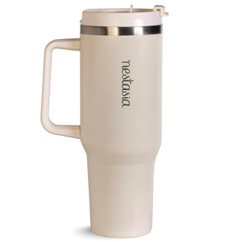 Image of Nestasia GripSip40 Tumbler with Straw & Side Handle 1.2L | Insulated Stainless Steel Sipper Water Bottle for Adults with Dual Flip Opening Sip-Swig Leakproof Lid for Office & Gym (Pearl White)