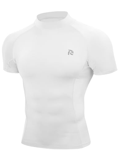 RIKUAOU Mens Short Sleeve Compression Shirt Mock Turtleneck Athletic Base Layer Tops Workout Undershirt for Gym Sports White