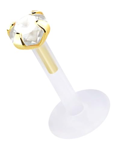 Modern Nature Piercing-Schmuck Système d'emboîtement labret en téflon de 1,6 mm et embout doré avec pierre transparente, Téflon
