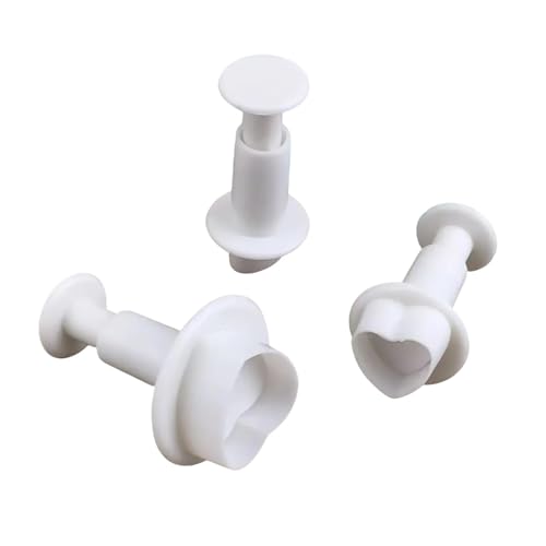 Juego de 3 Cortadores de Galletas con Sello y Expulsor en Polipropileno Blanco y Acero Inoxidable, Moldes para Galletas en Forma de Corazón de Diferentes Tamaños - Ideal para Repostería y Manualidades